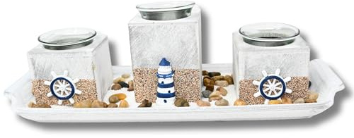 damaloo Maritimes Teelichthalter Set mit Leuchtturm – Maritime Deko Wohnzimmer, Badezimmer & Tischdeko – Teelicht Halter aus Holz mit Steinen – Dekoartikel für Wohnwagen - Kerzenhalter grau