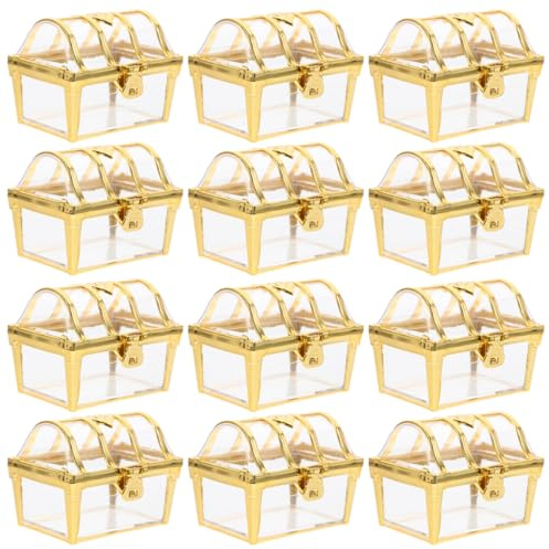 12 Pack Mini Treasure Chest Candy Boxes - Clear Vintage Pirate Party Favor Containers, Gold Trimmed Jewelry Storage Box for Wedding, Kids Birthday Baby Shower Decorations