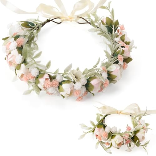 Blumenkranz Blume Krone Stirnband, Rose Braut Haarschmuck mit Armband-Set, Haar Garland,Haarbänder Floral Girlande,Blumenstirnband Verstellbarer Gürtel,Damen Mädchen für Festival Party Hochzeit Strand