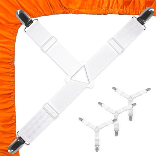 4 Stück Bettlakenspanner Verstellbar, Bettlaken Spanner mit Metallclips | Spannbettlaken Halter Elastisch, Reieckige Bettlaken Halter, Bettlakenspanner für Bettlaken, Matratze, Sofa, Bügelbrett