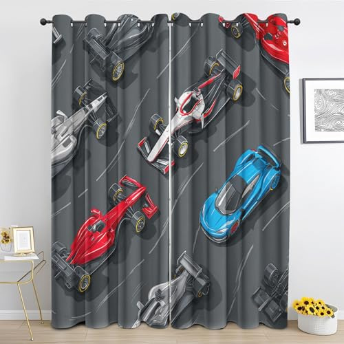 Generisch Kinder Rennwagen Vorhang, Jungen Coole Blickdicht Gardinen für Wohnzimmer Schlafzimmer, Cartoon-Autos Vorhänge mit Ösen Verdunklungsvorhänge - Deko Vorhänge 2er Set 220x215 cm