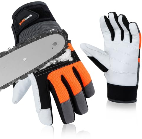 YARDMARIS motorsågar handskar klass 1 ( 20 m/s) skärskydd EN ISO 11393-4 | Med 12-vägs skydd på vänster hand, gjord av getläder och PVC, skogshandskar för skogsmotorsågar