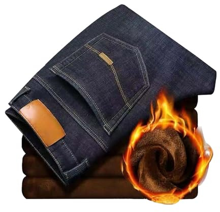 UIKIFY Mens Fleece Lined Jeans Denim Thermal Trousers for Men UK Autumn Warm Work Fleece-Lined Pants with Pockets Male Teddy Stretch Jeans for Outdoor and Sports