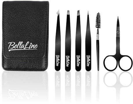 BellaLine Pinzetten Set – Professionelles Augenbrauen Pinzetten Set mit Schere & Bürstchen – 6-teiliges Präzisions Set mit Etui – Für Augenbrauen, Härchen & Splitter (Schwarz)