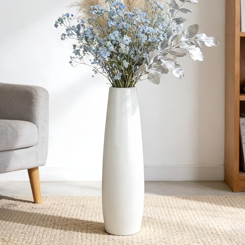 Duoqulou 60cm Hochwertige Weiße Keramikvase,Große Bodenvase, Dekorative Blumenvasen für Wohnräume, Büro, Schlafzimmer, Modernes Zuhause