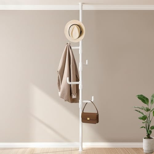 Garderobenständer Ausziehbar, Teleskop Kleiderständer mit 5 Haken, Weiß | Garderobe Platzsparend, 110cm bis 310cm, Stabil Kleiderstange aus Metall, für Mantel, Jacke, Hut, Schal
