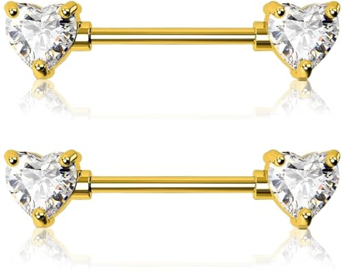 nuneoeuo 2PCS Gold Nipple Bar, 16mm Stainless Steel Heart Nipple Bars Gold Bridge Piercing Jewellery, Bridge of the Nose Bar Piercing Body Jewellery Bars for Women