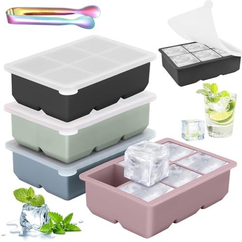 4-Pack Silicone Ice Cube Tray - Color 6-Compartment Large Square Ice Moulds Easy Release 2 inch Cube ice Trays with Lid for Freezer, Flexible & Durable BPA Free for Chilled Drinks, Whisky, Cocktails
