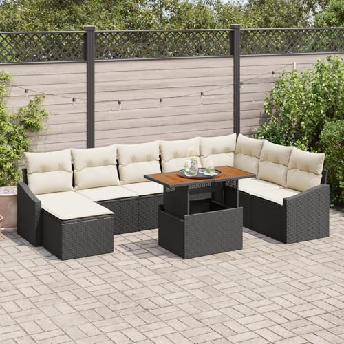 RMIHSJG 9-teilige Garten-Sofagarnitur mit Kissen Schwarz Poly Rattan, 8-Personen Sitzgruppe für Balkon und Terrasse mit Stauraum und wetterfestem Design