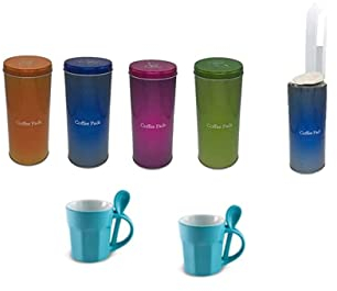 James Premium 4er Set Kaffee Paddosen Padheber + 2 blauen Porzellan Tassen mit Löffel