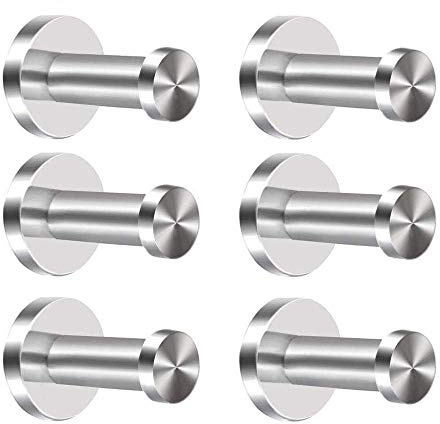 KINDPMA Robe Hook 6pcs 304 Stainless Steel Coat Hooks Wall-Mount Door Hooks Chrome Cylinder Towel Hook Heavy Duty Brushed Nickel Dressing Gown Hooks for Doors Bathroom Lavatory Closets(2inch/5cm)