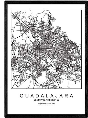 Nacnic Lama Guadalajara mappa della città in stile nordico in bianco e nero. Fotogramma A4 carta stampata No 250 gr. Dipinti, stampe e manifesti per soggiorno e camera da letto