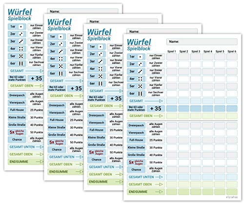 PICTALOO Würfelspiel Block DIN A5, gut lesbar und übersichtlich gestaltet, moderner Ersatzblock, Spielblock groß, auch für Senioren und Kinder geeignet, Würfel Spiel Set, Familienspiel (4X blau)