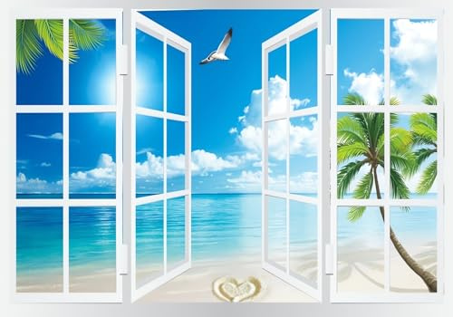 Wesmilewallpaper Papier Peint Panoramique Le Paysage À L'Extérieur De La Fenêtre Ciel Bleu Mer Plage Paysage Naturel 150x105cm 3D Intissé Soie Poster Geant Mural