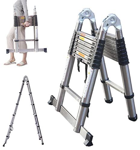 Latest Stainless Steel Telescoping Ladder 16.5FT A-Frame Extension Ladder 2-in-1 Multi-Purpose Ladder with Spring Loaded Locking Stabilizer Bar EN131 Safe Standard for Maintenance Cleaning Painting