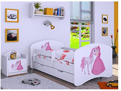 Générique BDW Lit pour Enfant avec Matelas et tiroir de lit - 140/160/180/190 - Différents Motifs pour garçon - Blanc (Princesse avec Cheval, 140 x 70)