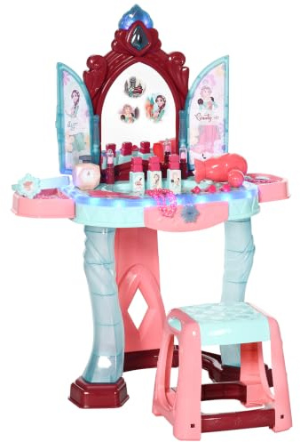 AIYAPLAY Set Tavolo Toeletta con Sgabello per Bambini da 3-6 Anni | Postazione Trucco Bambina, Luci e Musica, 31 Accessori di Bellezza Inclusi