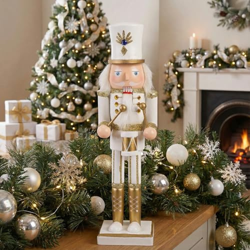 AMOR PRESENT Wooden Christmas Nutcracker, 12inch White Drum Nutcracker Soldier Wooden Nutcracker Figure for Christmas Shelf Table Decoration