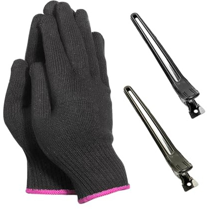 1 par värmebeständiga handskar med 2 hårklämmor, värmebeständiga handskar, professionella strykhandskar, hårstylingsverktyg, svart