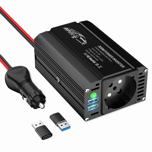 BGFOX 300W Spannungswandler DC 12V auf 230V AC Wechselrichter Modifizierte Sinus Stromumwandler mit 4.8A-Dual-USB-Anschluss, Laden Sie Ihr Laptop,für iPhone, iPad, Tablet Und Mehr - Schwarz