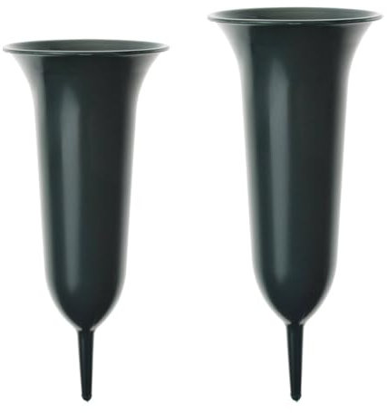 matches21 Zwei wetterfeste Grabvasen mit Erdspieß als Grabschmuck - Grüne Friedhofsvasen Set zum Stecken aus Kunststoff - Friedhof Steckvasen in 11,5 cm & 12 cm für Blumen Blumensträuße