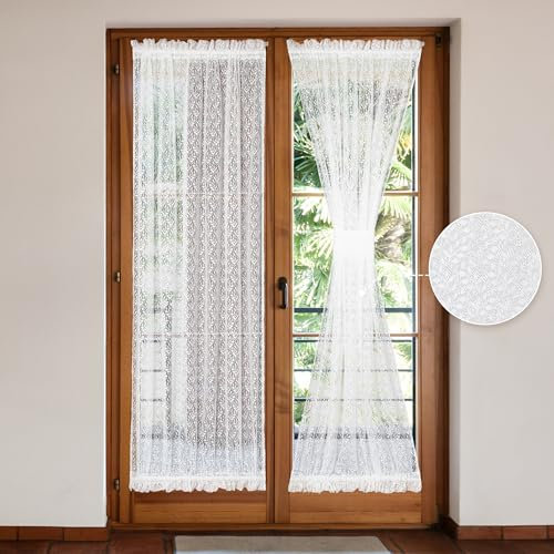2er-Set, durchsichtige weiße Vorhänge für französische Türen, 132 x 183 cm, botanische Voile-Vorhänge mit Zweigen und Blättern, für französische Terrassentüren aus Glas, Raffhalter enthalten