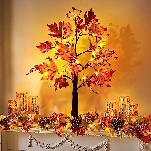 ACAREY Herbstdeko Ahornblatt Baumlichter 60cm Herbst Deko Lichterbaum mit Herbstblätter Kürbis Deko Für Innen, Lichterbaum mit Timer Für Herbst Weihnachten Tisch, Wohnzimmer, Schlafzimmer Deko