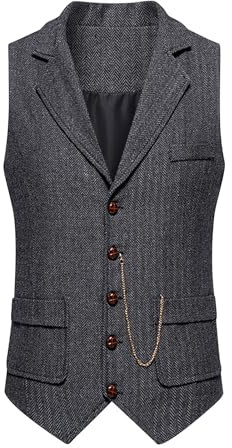 NUSGEAR Chaleco Traje Hombre Boda Chalecos de Vestir Original Chaleco Elegante Fiesta Negocio con Bolsillos Formal Color Liso Clásico Chaleco con Cadena 2024