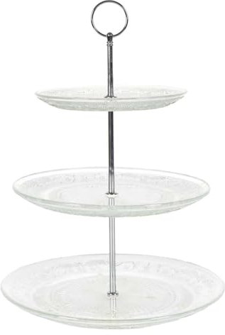 HOME DECO FACTORY, KP0025, Tortiera in Vetro a 3 Livelli, Elegante Servizio da Tavola, Pratico Espositore per Dolci e Antipasti, Facile da Montare, Trasparente, 25/20/15 cm