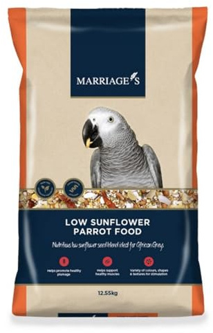 Marriages - Low Sunflower African Grey Parrot Food (12.55kg) | Parrot Seed with Oats and Peanut Kernels, Wholesome Bird Seed, Bird Food Packed with Fibre and Protein