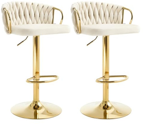 WOLTU Barhocker 2er Set, Barstühle höhenverstellbar 360° drehbar, Küchenhocker mit geflochtener Rückenlehne Fußstütze, Samtstuhl mit Metallrahmen, Creme, BH426cm-2
