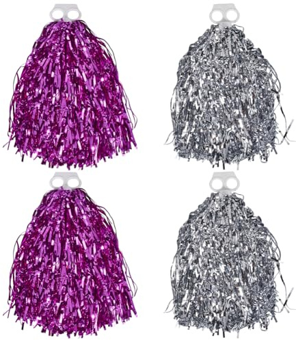 CREATCABIN 2 Set Pompon Cheerleading in Lamina Metallica Pompon in Plastica Manico Squadre Sportive Feste Danzanti Calcio Basket Club Sport Squadra Esibizioni sul Palco Celebrazione Viola 29cm