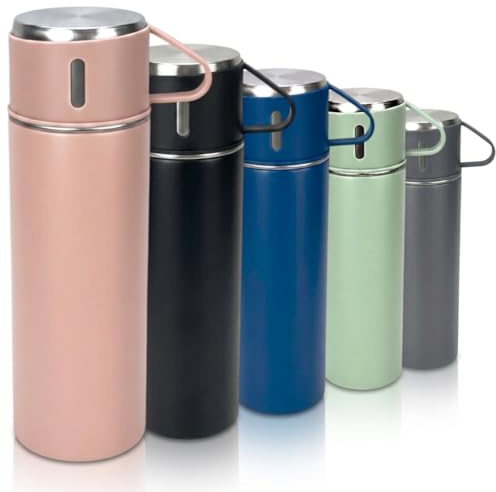 Thermosflasche 500 ml aus Edelstahl – Trinkflasche & Wasserflasche auslaufsicher, BPA-frei – Isolierflasche mit 2 Tassen & Griff – hält 12 h heiß & 24 h kalt Rosa