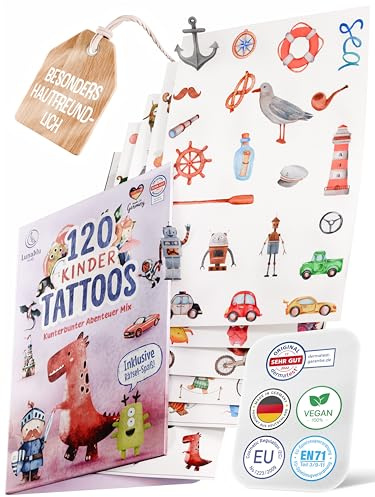 Lunablu 120 Hudvänliga Barntatueringar [Dermatologiskt Certifierade] Gjorda i Tyskland | Present för Barn | Barntatueringar för Pojkar och Flickor | Tatuering - Färgrik Blandning & Drakmotiv