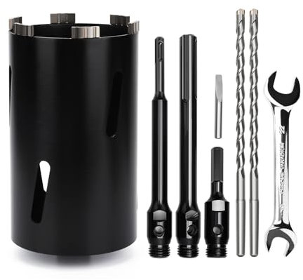 Corona de perforación 117 mm, longitud útil 200 mm con vástago SDS Plus, 220 mm, SDS Max 220 mm, vástago hexagonal 110 mm, punta de centrado 10 x 240 mm, para mampostería