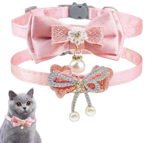 GXGM 2 Pezzi Collare Gatto Antistrozzo, Collare per Gatti con Colletto a Fiocco, Regolabile, con Cintura di Sicurezza, con Strass, per Cani e Gatti di Piccola Taglia (Rosa)