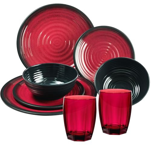 Melamin Geschirr Set für 2 Personen 8 Teile mit Campingglas Trinkglas rot schwarz Tonoptik - Essgeschirr Acryl Gläser Wasserglas - Campinggeschirr Picknick ideal für Camping modern Outdoor