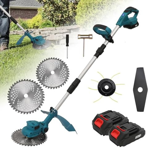 Désherbeur électrique sans Fil 21V, avec 2 Batteries 1.5Ah, Moteur sans Balais 600W, 3 Types de Lames, Hauteur Réglable, Largeur de Coupe 20cm, pour Jardin, Patio Intérieur