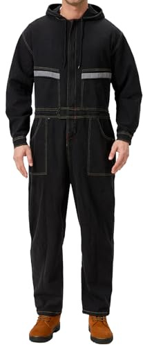 Yukirtiq Mens Denim Work Coveralls with Hood Heavy Duty Work Jumpsuit Loose Fit Coverall Hi Viz Mechanic Jeans Overalls, Black, XL