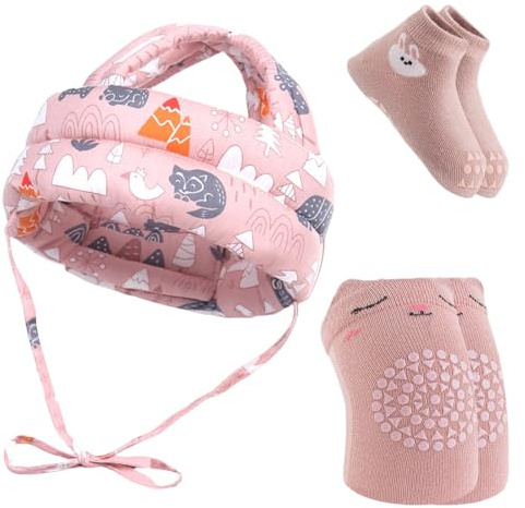 Culinavog Babyskyddshjälm med knäskydd och halkfria strumpor, justerbar anti-kollisionskeps, för barn, pojke, flicka lär sig att krypa och gå, rosa, 30*14*6CM