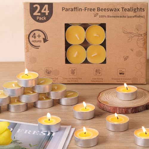 LETINE 24PCS Beeswax Tealight Candles, Pure Beeswax Tea Lights Candle, Natural Organic Tealights Candles Unscented Smokeless Clean Burning with 4 Hour Burn Time