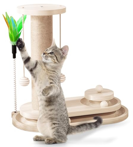 Cat Scratching Post With Natural Sisal Rope & Interactive Toys,Cat Scratcher For Indoor Cats & Kittens,Includes Feather Toy & Ball Track
