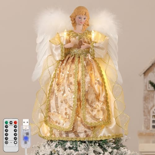 Lewondr Weihnachtsbaumspitze Engel, 12'' Beleuchtet Christbaumspitze Engel mit Flügeln & Kerzenlicht, 8 Modi & 6 Std. Timer USB & Fernbedienung Pailletten Weihnachtsdeko für Innen Weihnachten, Gold