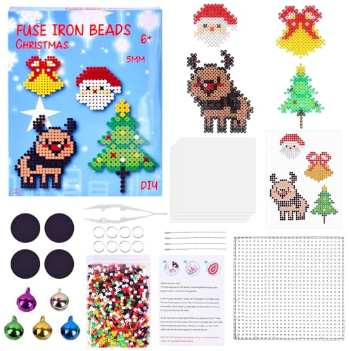 Bügelperlen Weihnachten Set, Steckperlen Weihnachten 5mm, Steckperlen Perlen mit Steckplatte, Anhänger, Kühlschrankmagnete, Bügelperlenset, 4 Muster Kreatives Perlenset DIY Basteln Handwerk Geschenk