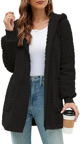 ABYOVRT Giacca in Pile Donna con Cappuccio Lunga Giacca Teddy Calda Pile Morbido con Tasche Cappotto Invernale Giacca Accogliente,Nero,L