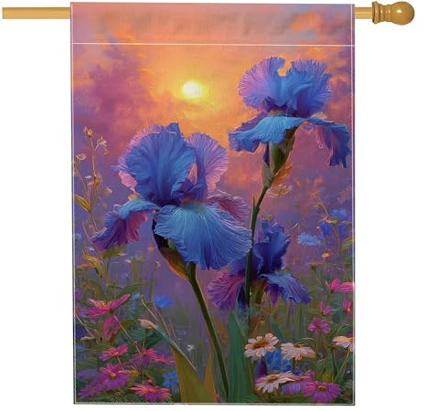 Spring Summer Blue Iris Garden Flag, Colorful Floral Home Decor Banner, Double Sided Burlap Yard Flag Outdoor Lawn Decoration 28x40 Inch