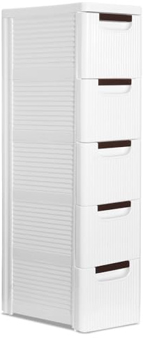 AOZBZ Nischenschrank schmal mit Rollen, Nischenregal 19cm breit, ischenwagen mit 5 Schubladen, Badrollwagen, Toilettenschrank, für Bad, Klassenzimmer, Studio & Salon, Weiß, 42 x 19 x 91 cm