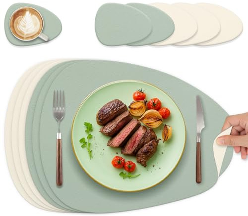 HELI MIAO Tischsets Abwaschbar 6er Set - Doppelseitige Platzsets & Untersetzer aus Lederoptik, rutschfeste & wasserdichte Tischunterlage für Esstisch und Familie - Oval in Salbeigrün+Cremebeige