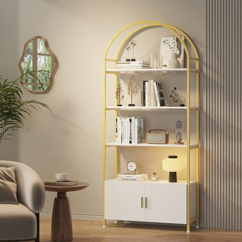 cointwo Arched Book Shelf, Bookcase with Doors Storage, 180cm Tall Bookshelf with Sturdy Metal Frame, E1 Quality Boards, Freestanding Display Shelving Unit Living Room(gold)
