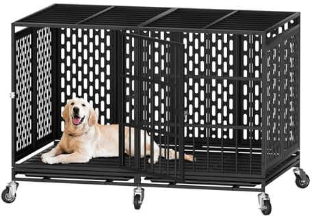 Snuowu 48 Inch Heavy Duty Dog Crate with Wheels, Metal Big Dog Cage for Large and Medium Dogs, Extra Large XL XXL Indestructible Dog Crate with Removable Tray.